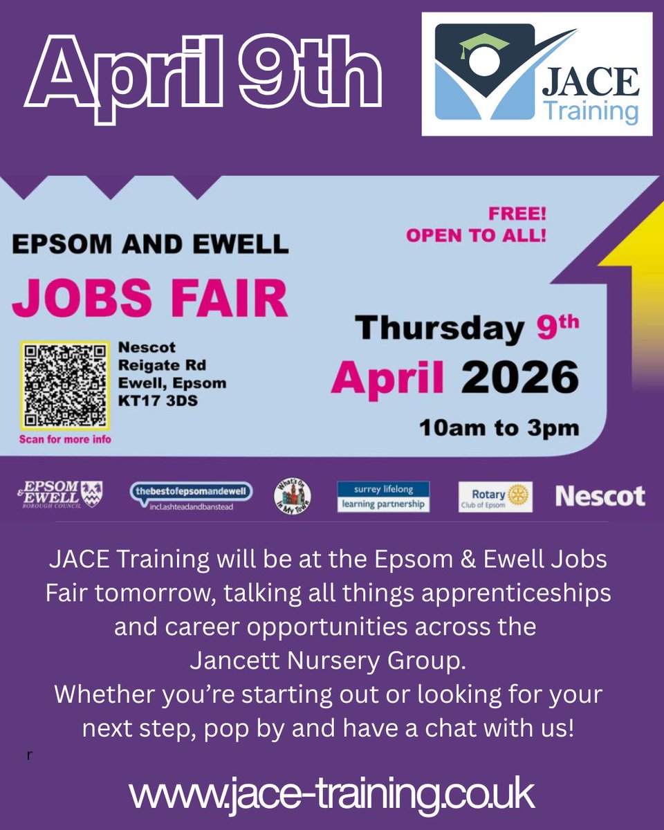 JACETraining's tweet photo. JACE will be at the Epsom &amp; Ewell Jobs Fair tomorrow, talking all things apprenticeships and career opportunities across the Jancett Nursery Group.
Pop by and have a chat with us! #apprenticeships #careers #jobsfair #epsom #ewell https://t.co/AiAEQOQHt7