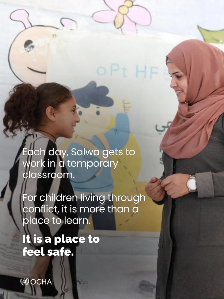 UNOCHA's tweet photo. Teacher Salwa offers children in #Gaza a safe harbor amid fear, loss and uncertainty.

She helps them cope with trauma through play, dialogue and routine, with support from the Occupied Palestinian Territory Humanitarian Fund.

Read her story: https://t.co/bJXZUlPeuj https://t.co/KVJbAwAgnP