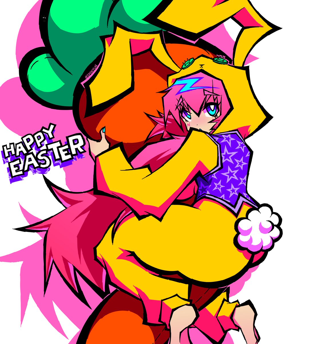 Spiikyun's tweet image. Happy (late) Easter everyone! I have been seeing people draw characters in bunny suits, so I decided to draw Luka in a onesie instead of a bunny suit because I have free will (plus Spring Bonnie reference)
#megurineluka #cv03 #springbonnie #easter #fanart