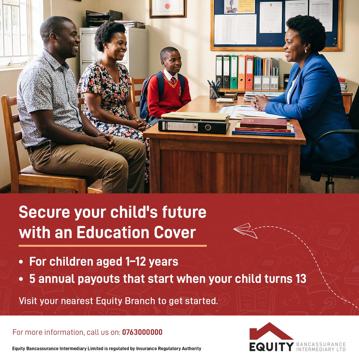 KeEquityBank's tweet photo. Mwalimu, secure your child’s education with Education Insurance.
This cover offers five structured payouts from the time your child turns 13 until they are 18.
Visit your nearest Equity Branch today to get started.
#EquityBank #Educationinsurance #EquityInsurance #EmpoweringTeachers #InvestingInEducators #LifeInsuranceCover