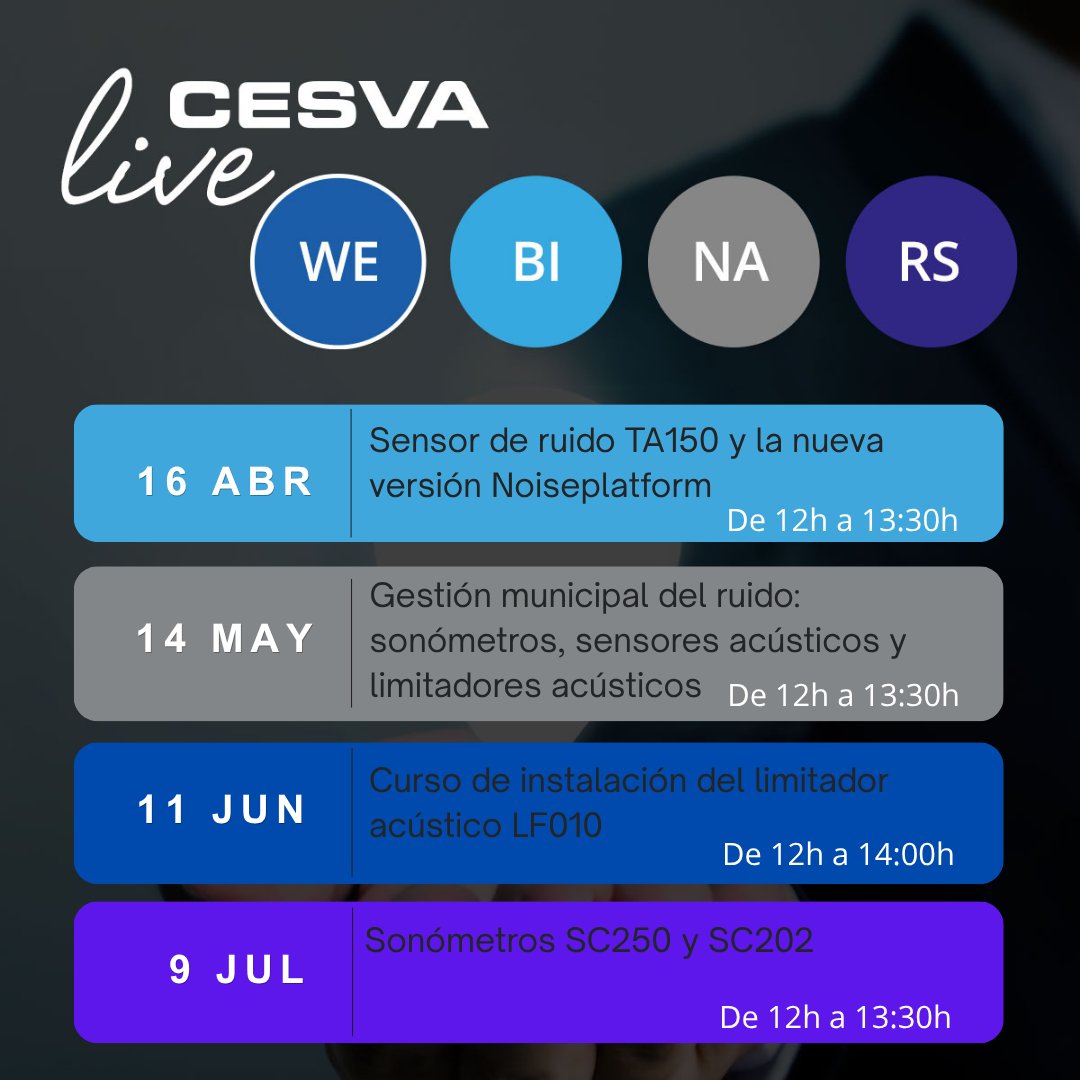 cesva's tweet photo. NUEVO CALENDARIO #CESVAlivewebinars #WebinarGratuito

Hemos diseñado un programa de sesiones en directo orientadas a conseguir que nuestros clientes saquen el máximo provecho de sus equipos CESVA.

📅Echa un vistazo a las fechas y reserva tu plaza aquí:
https://t.co/1BCXY7Jto3 https://t.co/qZvIvp0ZTG