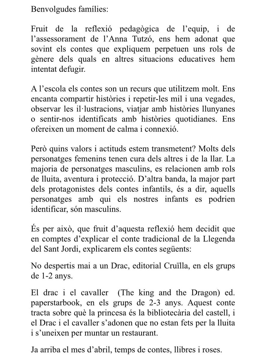 Han vetat la llegenda del drac de Sant Jordi a l’escola bressol de la meua filla perquè: ‘perpetuen uns rols de gènere dels quals hem intentat defugir’.
