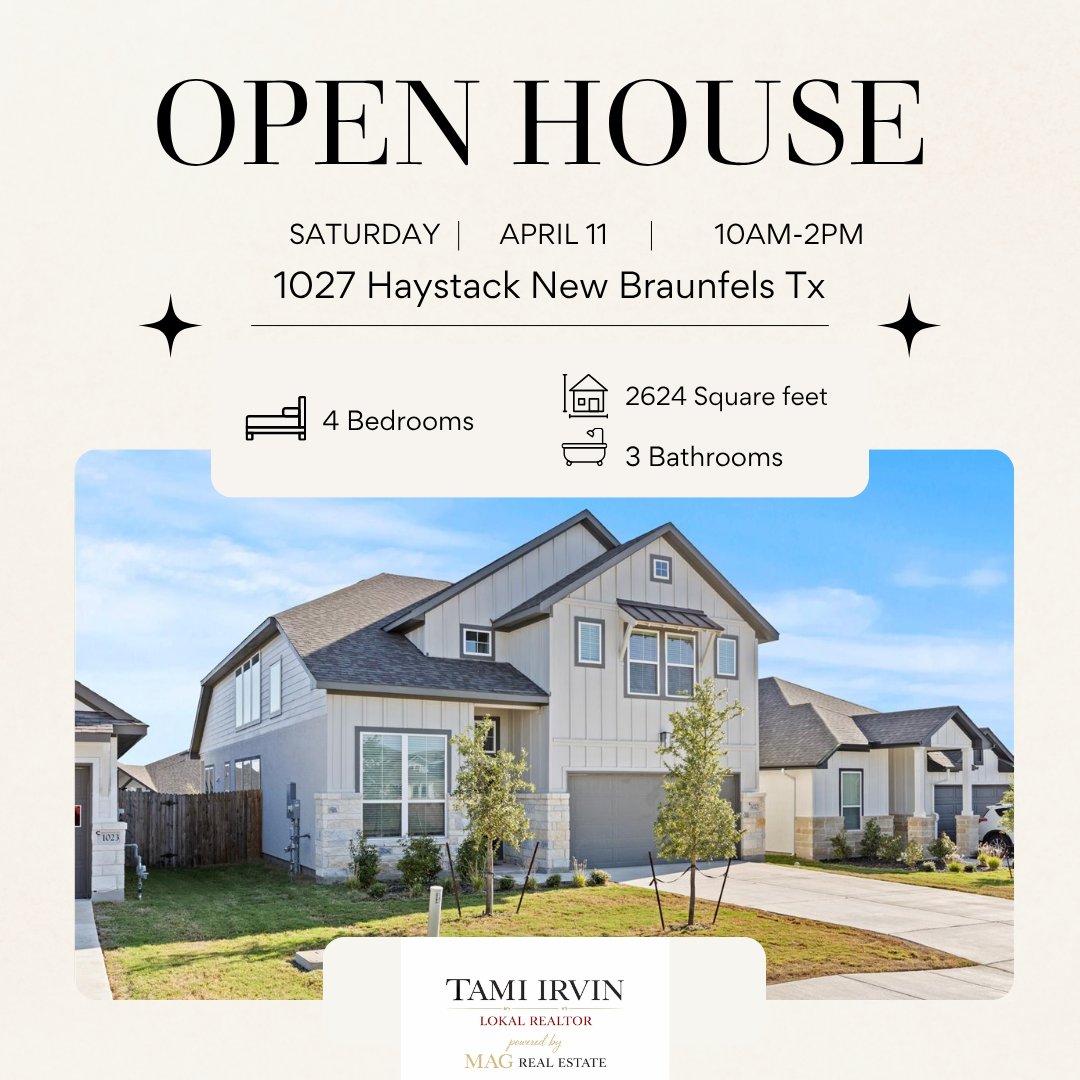 JUST REDUCED + OPEN HOUSE
1027 Haystack | New Braunfels, TX
4 Bed | 3 Bath | Built 2023
NOW $435,000

One of the best values in NB! Modern layout, spacious living, great amenities.

Open House Saturday 10–2
Message me for details or a private tour.