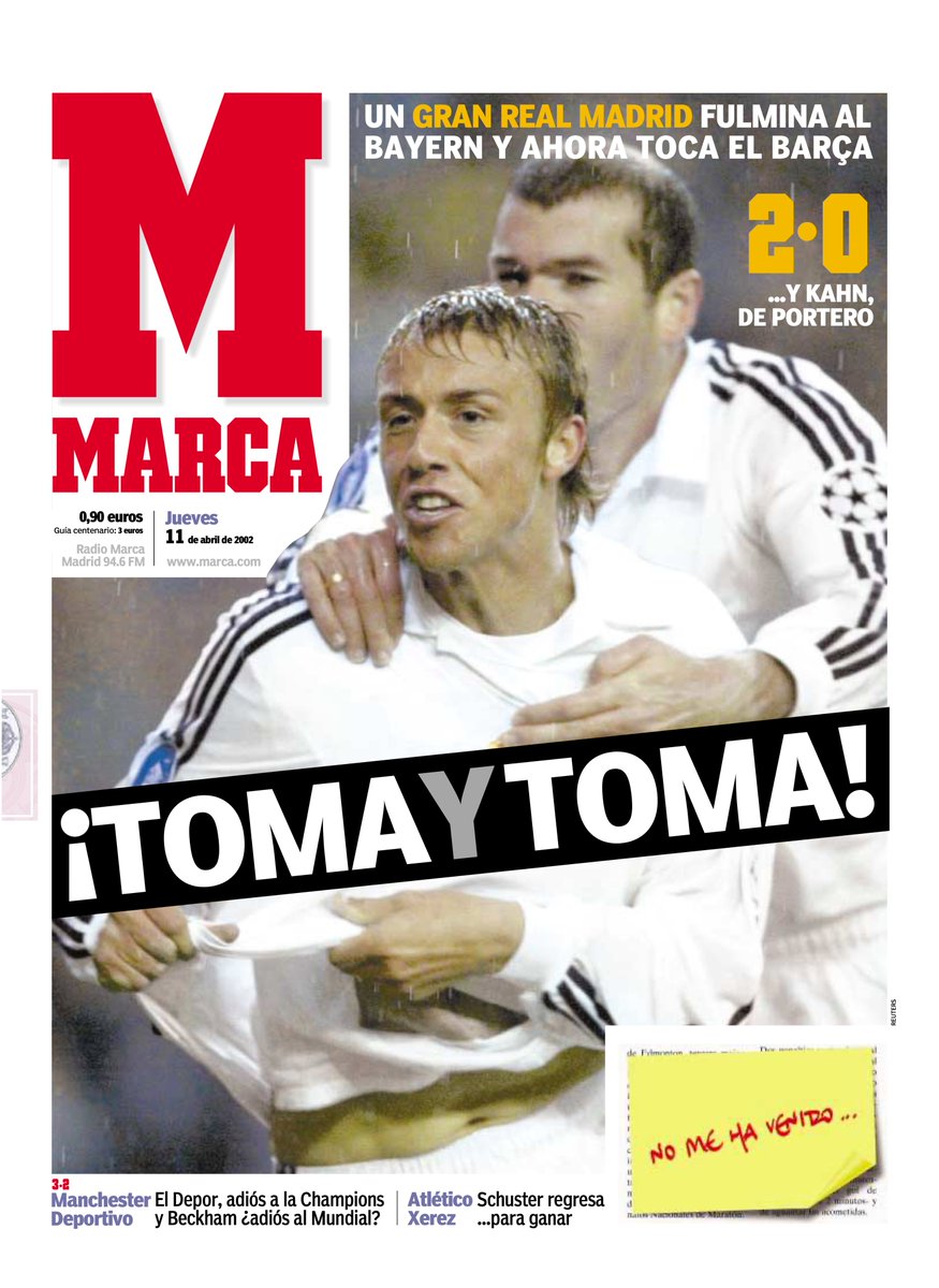 cronicasRM's tweet photo. 📅 Un día como hoy, hace 24 años (10 de abril de 2002)… El Real Madrid fulminaba 2-0 al Bayern Múnich en el Bernabéu y lo eliminaba en cuartos de Champions (vuelta).
¡Cayó la Bestia! Tras un partido épico de avalancha blanca, con Figo y Solari desatados, el Madrid se quitó de encima a su gran verdugo y se clasificó para semifinales… ¡contra el Barça!
📰 La portada de Marca lo gritaba: «¡TOMA Y TOMA!»
¿Quién no recuerda esa noche legendaria? ¿Creéis que fue una de las eliminatorias más épicas de la era Galáctica? 🤍
#HistoriaRM #cronicaRM #RealMadrid #ChampionsLeague #BayernMadrid #Galacticos #Figo #TomaYToma