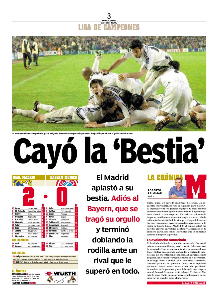 cronicasRM's tweet photo. 📅 Un día como hoy, hace 24 años (10 de abril de 2002)… El Real Madrid fulminaba 2-0 al Bayern Múnich en el Bernabéu y lo eliminaba en cuartos de Champions (vuelta).
¡Cayó la Bestia! Tras un partido épico de avalancha blanca, con Figo y Solari desatados, el Madrid se quitó de encima a su gran verdugo y se clasificó para semifinales… ¡contra el Barça!
📰 La portada de Marca lo gritaba: «¡TOMA Y TOMA!»
¿Quién no recuerda esa noche legendaria? ¿Creéis que fue una de las eliminatorias más épicas de la era Galáctica? 🤍
#HistoriaRM #cronicaRM #RealMadrid #ChampionsLeague #BayernMadrid #Galacticos #Figo #TomaYToma