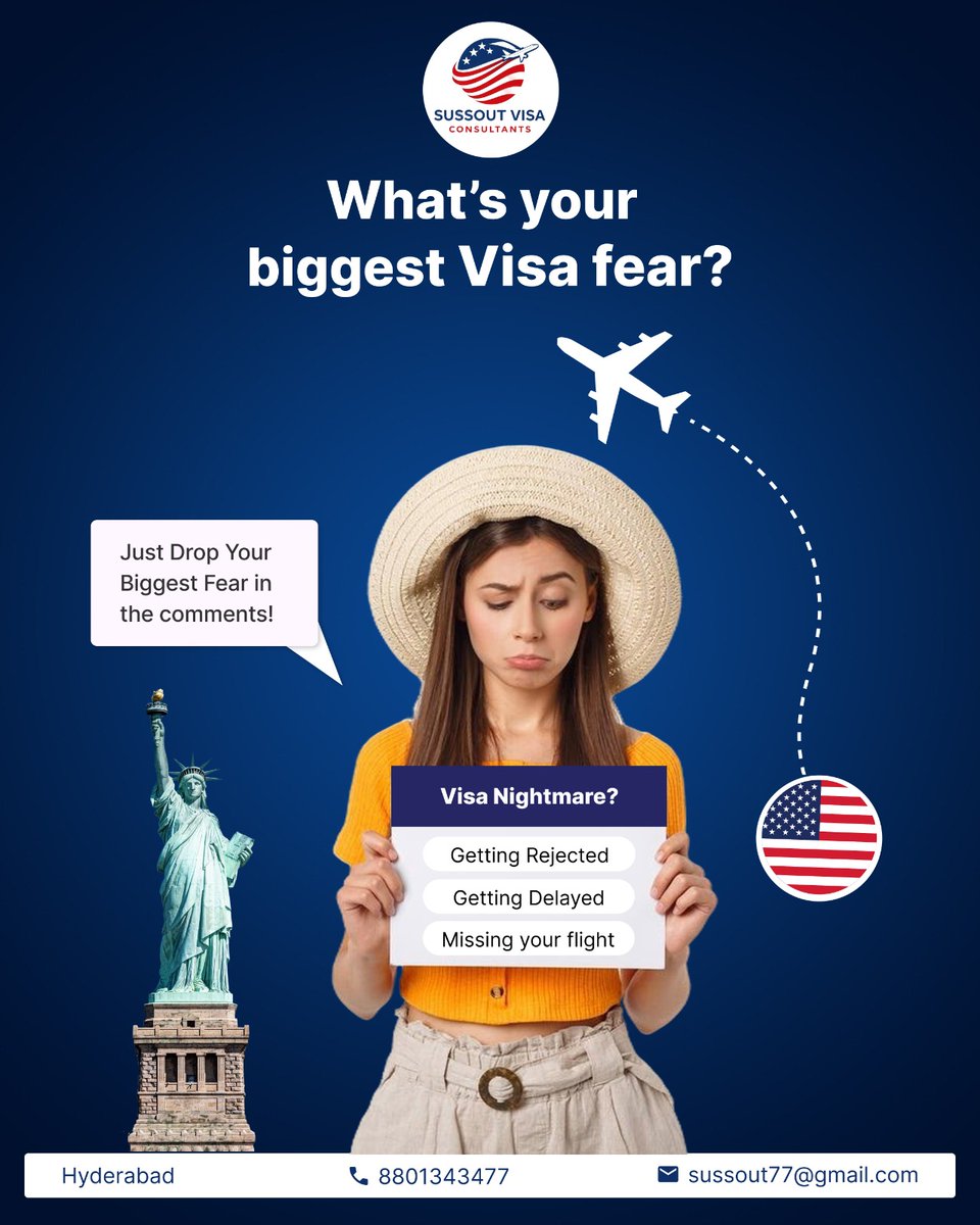 sussoutvisa's tweet image. What’s Your Biggest Visa Fear?Getting your visa shouldn’t feel stressful 

#VisaConsultant #VisaHelp #TravelAbroad #USAVisa #VisaApproval #VisaProcess #TravelDreams #VisaSuccess #HyderabadBusiness #StudyAbroad #WorkAbroad #VisaSupport #TravelGoals #OverseasJourney #VisaExperts