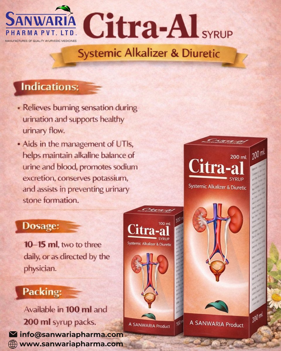 PharmaSanwaria's tweet image. #CitraAlSyrup helps relieve burning urination and supports smooth, #healthy urinary flow. It assists in managing UTIs, maintains the #alkaline balance of urine and blood, promotes sodium excretion, conserves #potassium, and helps prevent #urinary stone formation.

#Sanwariapharma