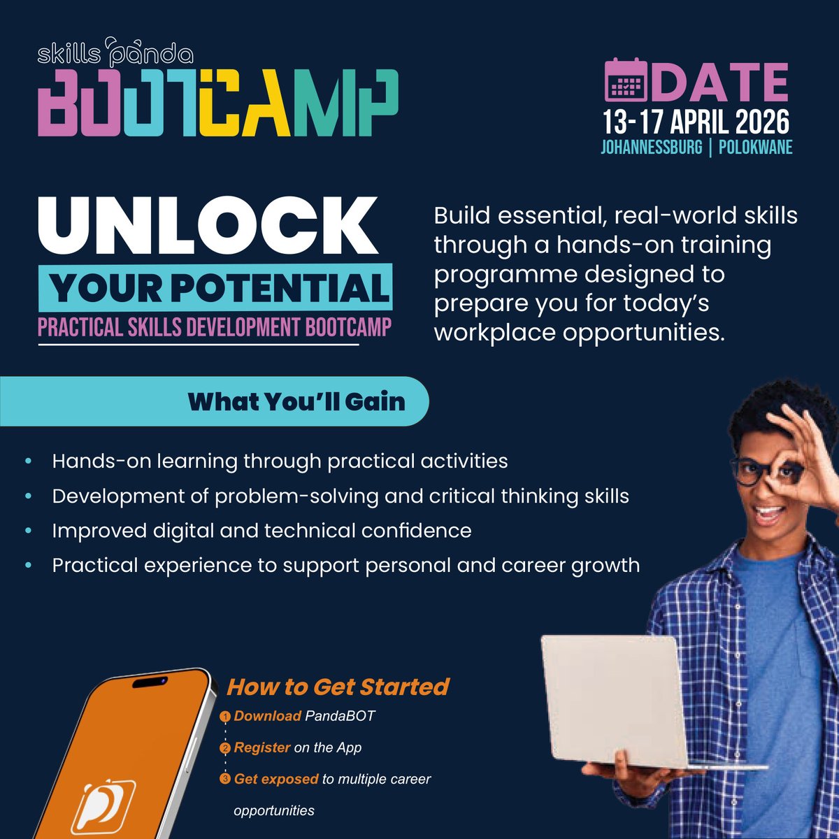 skillspanda_rsa's tweet image. Big skills. Real experience. Endless opportunities.

🔥 Skills Panda Bootcamp
📅 13–17 April 2026
📍 Johannesburg &amp;amp; Polokwane

#SkillsPanda #PracticalSkills