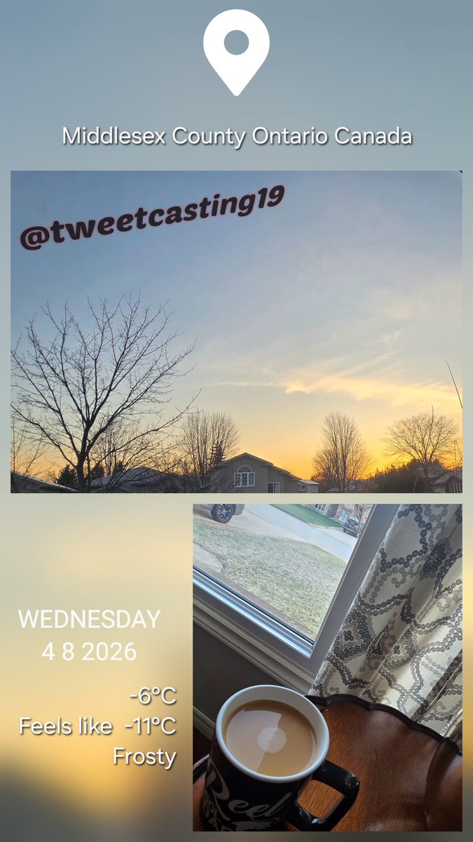 tweetcasting19's tweet image. Good morning from Middlesex County, Ontario! ☀️
Frosty air, golden Sky, and a hot coffee in hand. Ready to take on whatever today brings!
How’s your morning looking?
#GoodMorning #Ontario #MiddlesexCounty #CoffeeTime