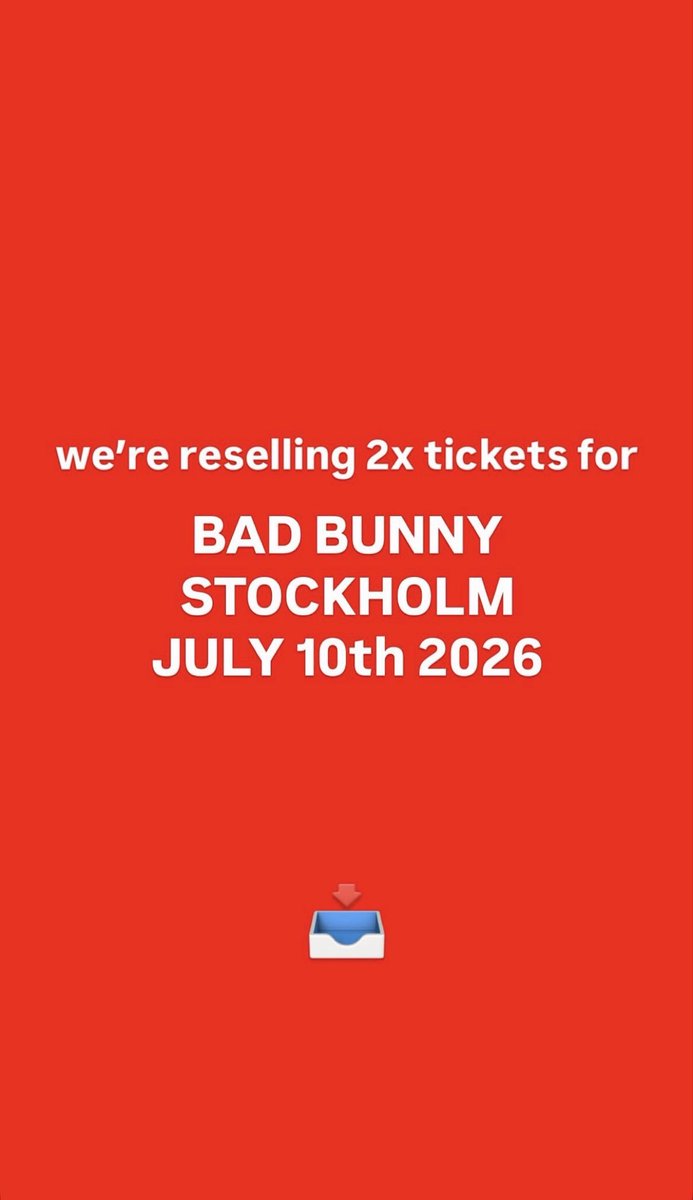 Evanjerlius's tweet photo. SELLING 2 TICKETS FOR BAD BUNNY IN STOCKHOLM 🇸🇪 ON JULY 10!  

CAN’T MAKE IT ANYMORE AND WOULD LOVE FOR SOMEONE ELSE TO ENJOY THE SHOW 🖤  
GREAT SEATS. 

DM ME IF INTERESTED! https://t.co/p8ek4y9Vl4