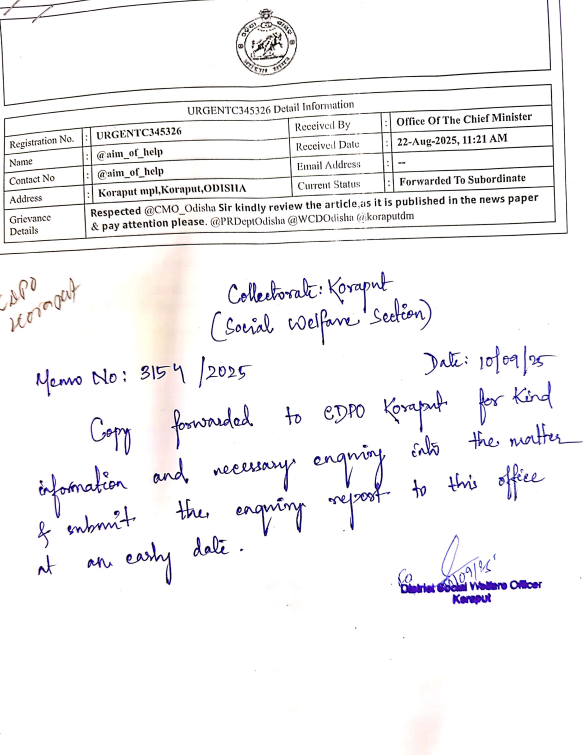 koraputdm's tweet photo. @aim_of_help @CMO_Odisha @PRDeptOdisha @WCDOdisha The Grievance has been Disposed. https://t.co/zfB2xsuOEh