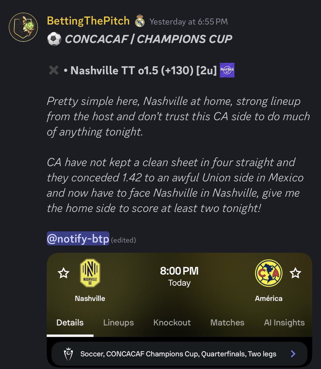 BettingThePitch's tweet photo. 📅 (4/7) Recap:

✅ • Wrexham/South o2.5 (+100)
🅿️ • Madrid/Bayern o3 (-125) [LIVE]
✖️ • Madrid TT o1.5 (-120)
✖️ • Nashville TT o1.5 (+130)
✖️ • LAFC/Cruz BTTS (+100)

📊: [-4.4u]

Passed out last night so here’s yesterday’s recap. Champions Cup just been tough this year! https://t.co/755a3dgJmd
