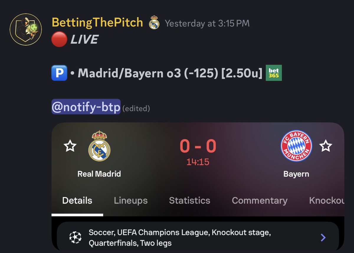 BettingThePitch's tweet photo. 📅 (4/7) Recap:

✅ • Wrexham/South o2.5 (+100)
🅿️ • Madrid/Bayern o3 (-125) [LIVE]
✖️ • Madrid TT o1.5 (-120)
✖️ • Nashville TT o1.5 (+130)
✖️ • LAFC/Cruz BTTS (+100)

📊: [-4.4u]

Passed out last night so here’s yesterday’s recap. Champions Cup just been tough this year! https://t.co/755a3dgJmd