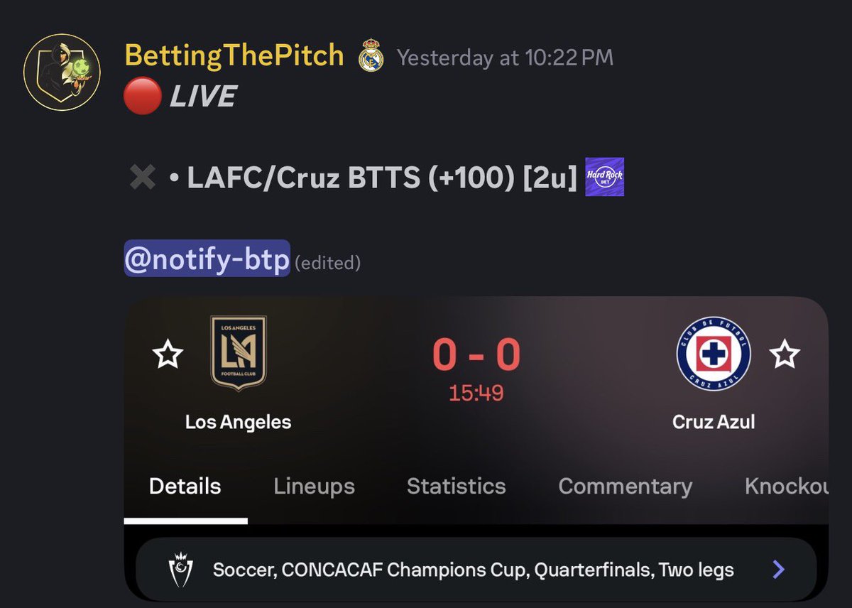 BettingThePitch's tweet photo. 📅 (4/7) Recap:

✅ • Wrexham/South o2.5 (+100)
🅿️ • Madrid/Bayern o3 (-125) [LIVE]
✖️ • Madrid TT o1.5 (-120)
✖️ • Nashville TT o1.5 (+130)
✖️ • LAFC/Cruz BTTS (+100)

📊: [-4.4u]

Passed out last night so here’s yesterday’s recap. Champions Cup just been tough this year! https://t.co/755a3dgJmd