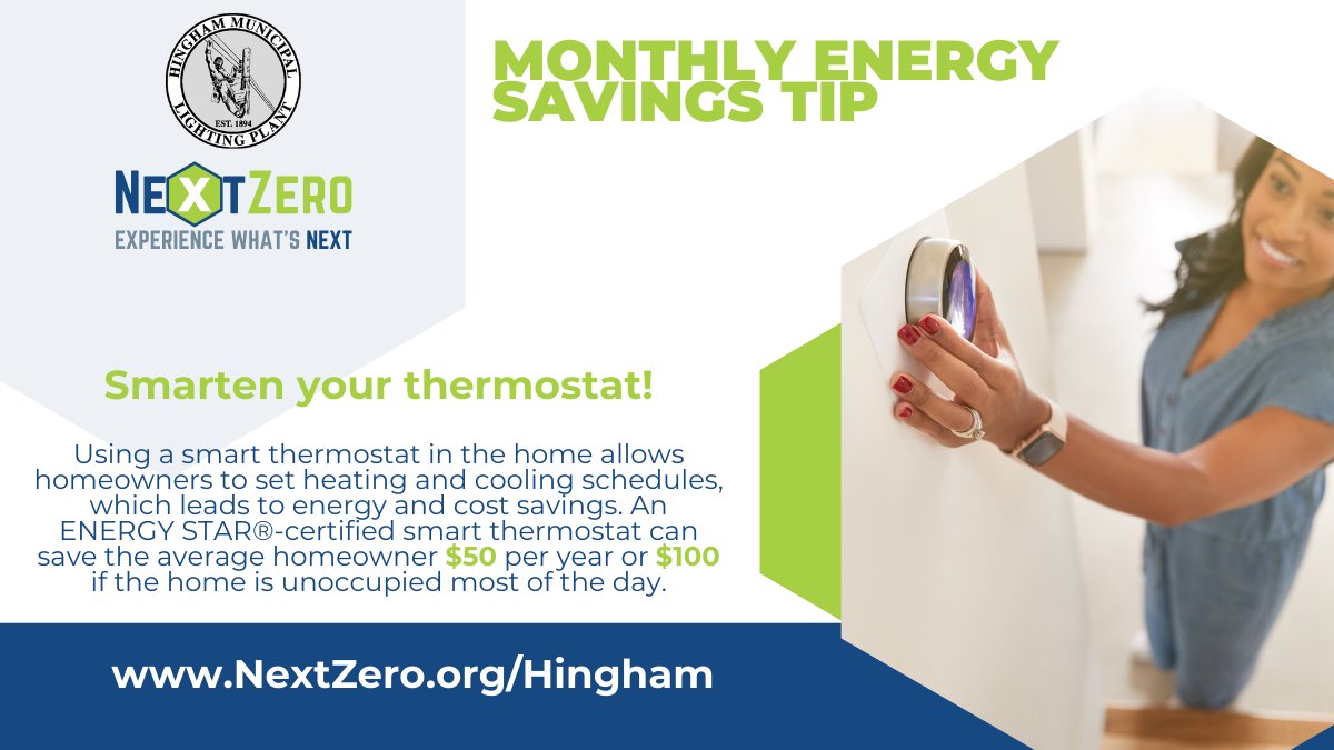 HinghamLight's tweet photo. Did you know an ENERGY STAR®-certified smart thermostat can save the average homeowner $50 per year or $100 if the home is unoccupied most of the day? 

That doesn't even include the monthly bill credits you can earn! Enroll each thermostat for $5/month at https://t.co/VdUCvUTgsz https://t.co/YRRuNZ6VYQ