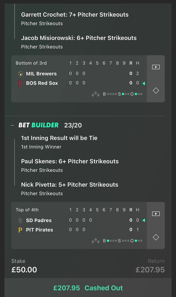 Ola_Ade14's tweet photo. Solid day in VIP 💷 

April profits up to 31 UNITS!

5/1 Madrid vs Bayern Builder ✅

18/5 Strikeouts &amp; First Inning Ties ✅

4.16/1 Tie and Strikeouts double ✅ (cashed out for £207 as full returns were £258)

Looking forward to a BIGGER day today! Tap in with us🤑 @kelsthekidd https://t.co/7EW6rjrfhc