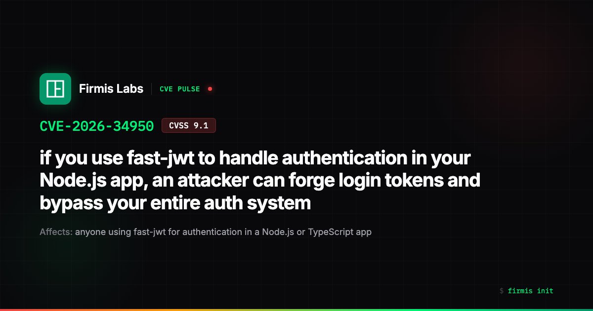 FirmisLabs's tweet photo. if you use fast-jwt to handle authentication in your Node.js app, an attacker can forge login tokens and bypass your entire auth system https://t.co/sUfNCfP7ZC