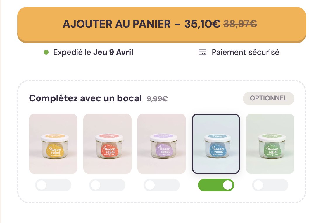 bambino_moon's tweet image. Ça vous chauffe des upsells toggle comme ça sous vos offres MoonBundles ? 

Sur le site floconrebel.fr tu peux en sélectionner un seul mais on peut faire en sorte que plusieurs soient sélectionnables.

Les meilleures offres AOV+ du marché sont dans les commentaires 👇