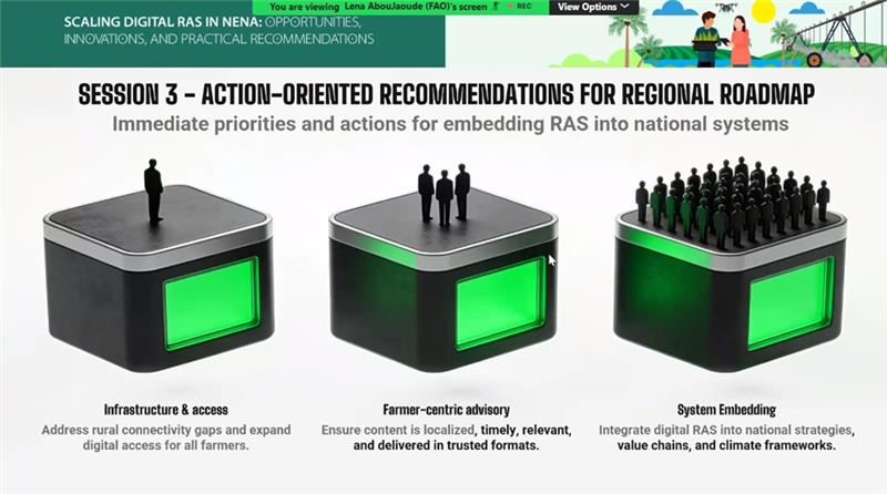 FAOinNENA_EN's tweet image. Highlights from our webinar on scaling digital RAS in NENA:
Priorities are clear:
 ✔️ Strengthen infrastructure &amp;amp; access
 ✔️ Deliver farmer-centric advisory
 ✔️ Embed RAS into national systems
Turning innovation into impact requires action.

#DigitalAgriculture #AFRAS