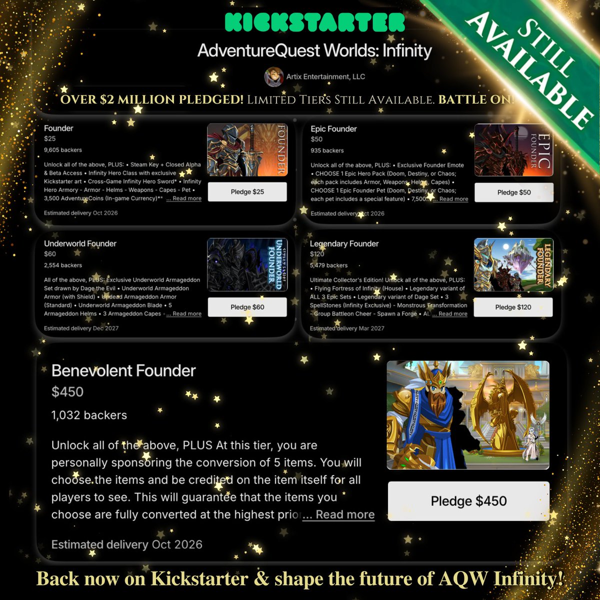 ArtixKrieger's tweet image. If you have not yet backed AdventureQuest Worlds: Infinity on Kickstarter, there is still time to do so! There are only 5 tiers remaining, so claim your spot, join the reunion, and be part of history today. Battle on!
kickstarter.com/projects/artix…
~Beleen #aqw #infinity #kickstarter
