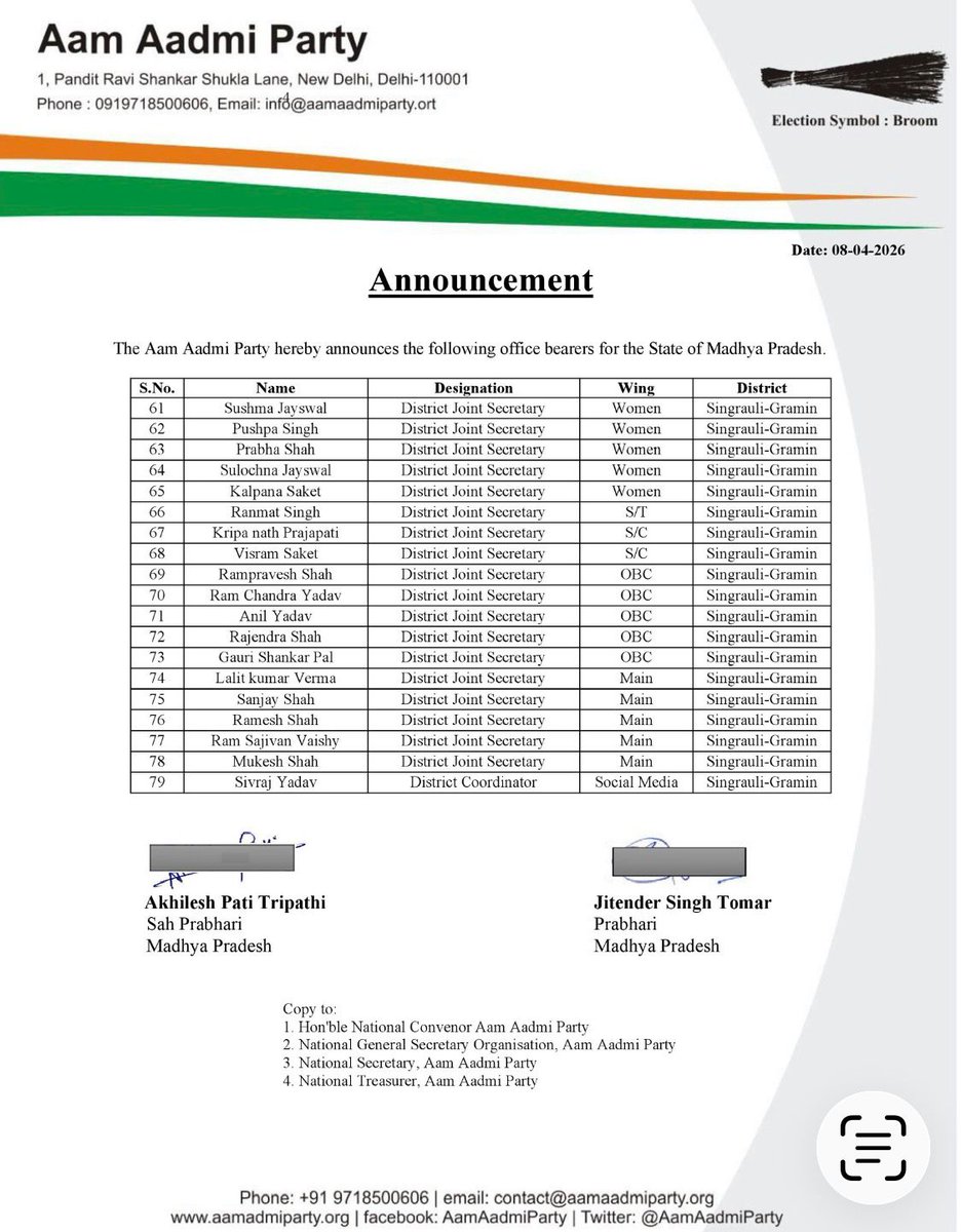 Announcement💫💫💫

संगठन विस्तार के तहत प्रदेश प्रभारी माननीय <a href="/JSTomarAAP/">Jitender Singh Tomar</a>  जी ने मध्यप्रदेश के प्रदेशस्तरीय एवं सिंगरौली जिले के पदाधिकारियों की घोषणा की।

 सभी नवनियुक्त पदाधिकारियों को हार्दिक बधाई।

🌺🌺🌺🌺🌺🌺🌺🌺🌺🌺🌺

#AAPforMP 
<a href="/ArvindKejriwal/">Arvind Kejriwal</a>

1/2