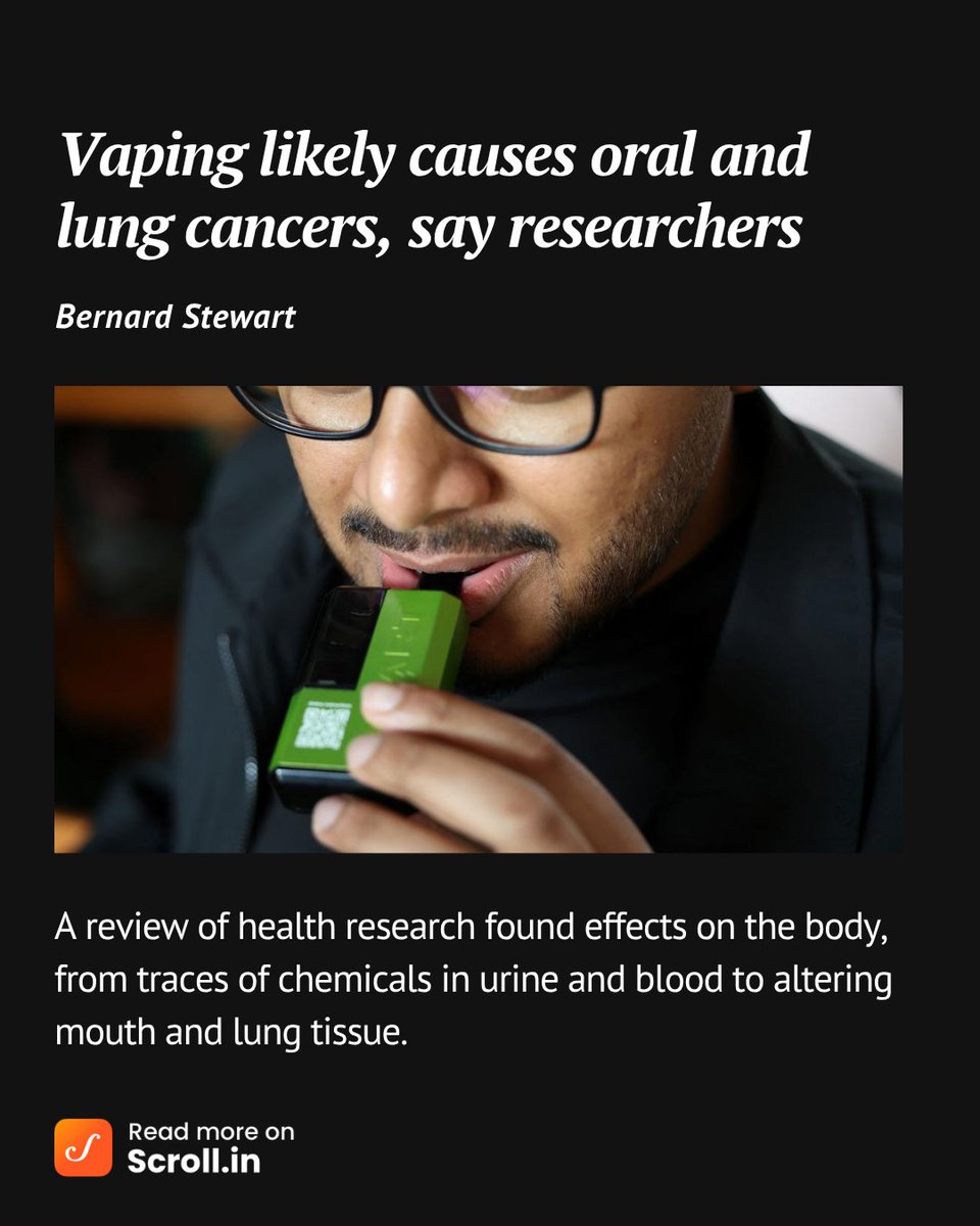 scroll_in's tweet image. The aerosol that vapers inhale contains a complex range of chemicals. This aerosol demonstrates almost all of the ten “key characteristics of carcinogens” identified by the World Health Organization.

scroll.in/article/109179…

✍️Bernard Stewart 

Via @ConversationEDU 

#vaping