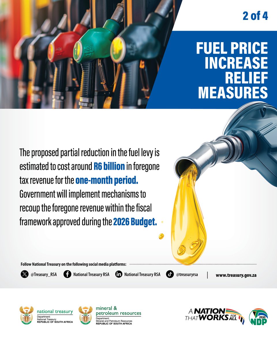 GovernmentZA's tweet image. 📉 The proposed fuel levy reduction is estimated to cost R6 billion in foregone revenue for the one-month period.

Government will implement mechanisms to recoup the amount within the 2026 Budget framework.

#FuelRelief #Budget2026 #GovZAUpdates
