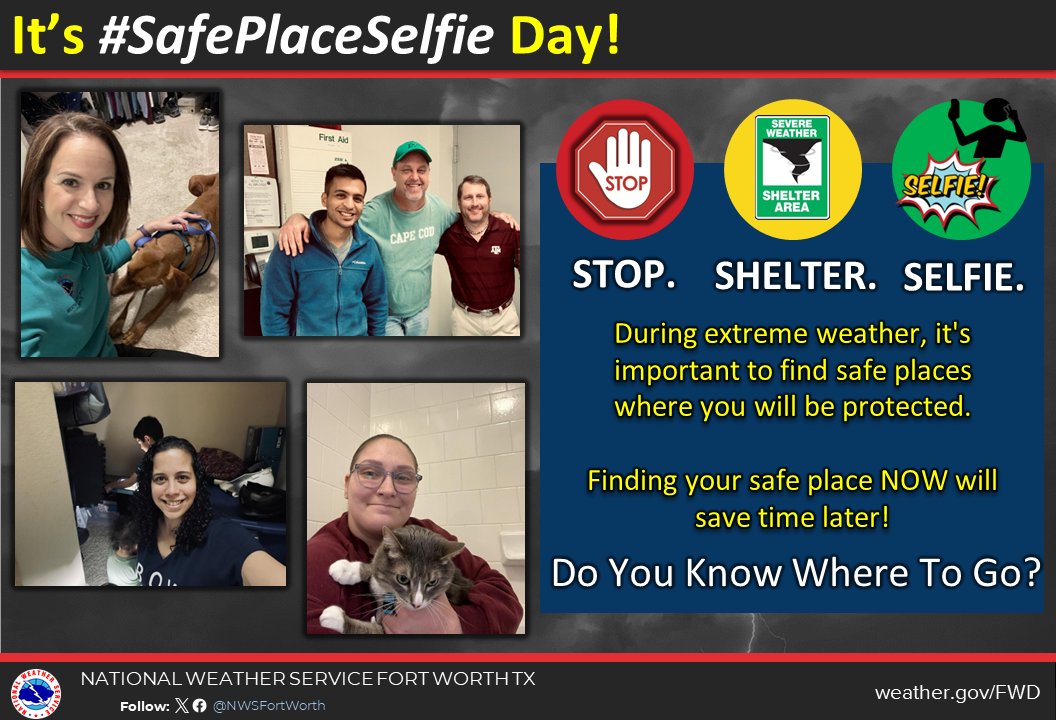 NWSFortWorth's tweet image. 🤳It’s #SafePlaceSelfie Day!🤳

✅Take a few minutes today to identify your safe place, review your emergency plan, and ensure everyone in your home knows what to do when hazardous weather strikes.

Share your selfie with #SafePlaceSelfie &amp;amp; tag @NWSFortWorth! #txwx #ctxwx #dfwwx