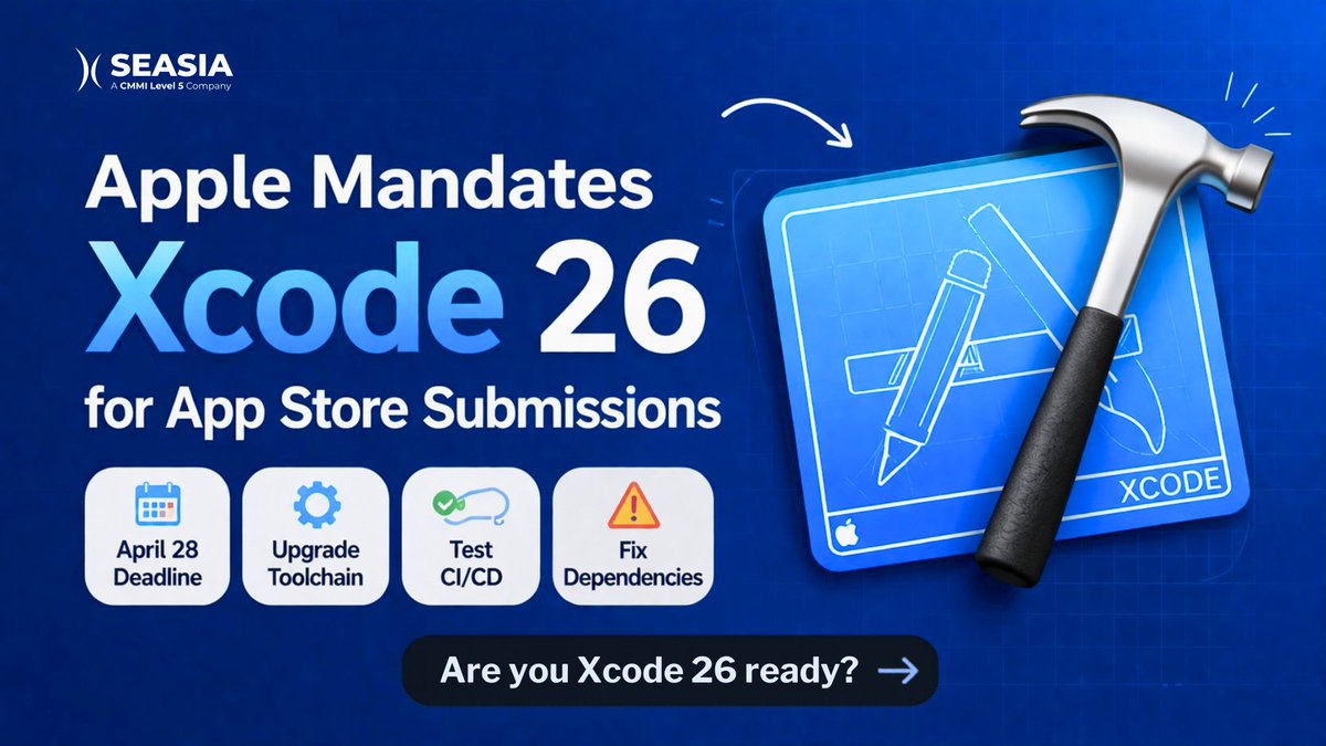 Seasiainfotech's tweet photo. April 28 isn’t just another Apple deadline.
It’s a release blocker for teams still on older Xcode versions.

✔ Audit your toolchain
✔ Test CI/CD pipelines
✔ Fix risks before they break

Are you Xcode 26 ready?

https://t.co/0XrICRR0r2 https://t.co/gmM0iTSVIj