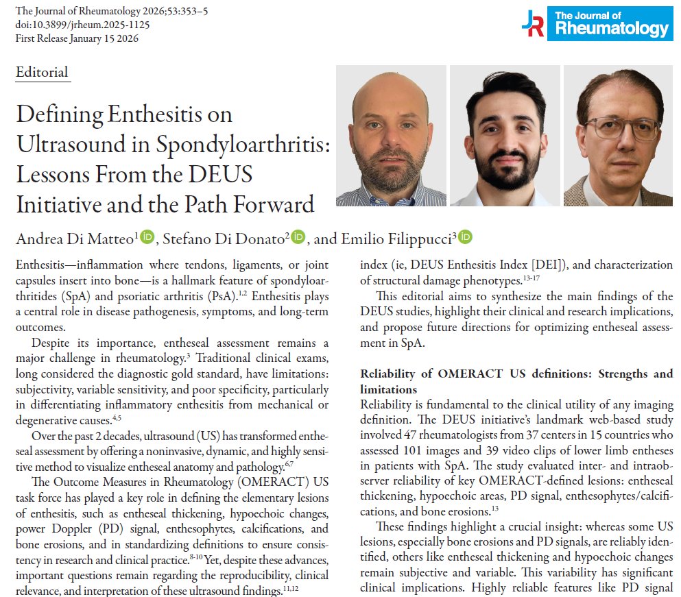 jrheum's tweet image. Editorial

Defining Enthesitis on Ultrasound in Spondyloarthritis: Lessons From the DEUS Initiative and the Path Forward

📖 doi.org/10.3899/jrheum…
@LeedsRMMS @UniversityLeeds @UnivPoliMarche 

#Enthesitis #Ultrasound #Spondyloarthritis