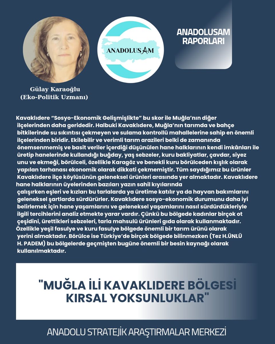 Anadolusam's tweet photo. ➡️ Araştırmacımız Eko-Politik Uzmanı Gülay Karaoğlu'nun "Muğla İli Kavaklıdere Bölgesi Kırsal Yoksunlukları " üzerine hazırladığı rapor ; #Anadolusam https://t.co/MejWm8LXih