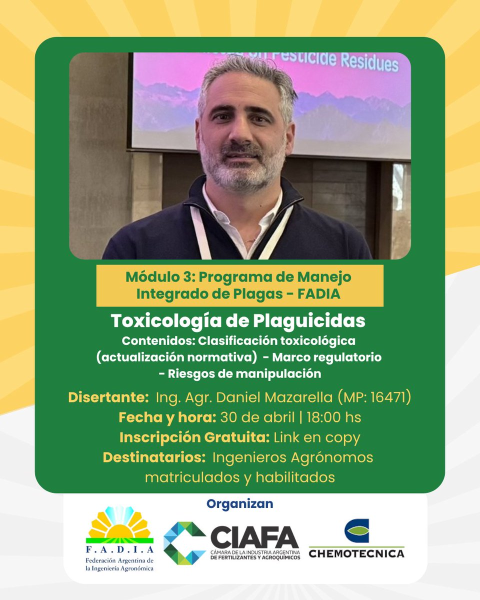 📢 Módulo 3 | Programa MIP – FADIA
🧪 Toxicología de Plaguicidas
📅 30/4 | 18 hs - 💻 Virtual
👨‍🏫 Ing. Agr. Daniel Mazarella
🔗 Inscripción: forms.gle/MmXgw67aQjyKpT…