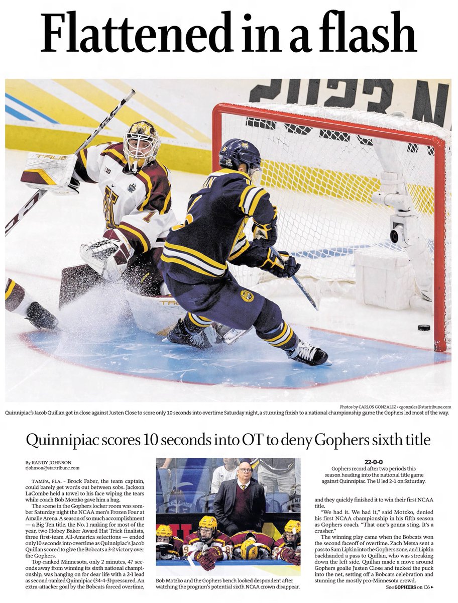 WHENESOTA's tweet image. Also #OTD in #Minnesota Sports History (2023) The Gophers lost the NCAA championship game 3-2 to Quinnipiac in OT. The Gophers led 2-1 with 3 mins left. Quinnipiac scored the equalizer to force OT then scored the winner 10s into OT. newspapers.com/article/star-t…