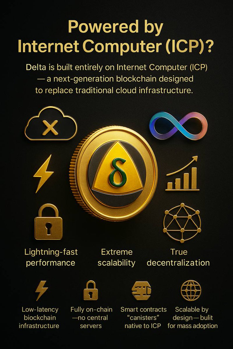 DeltaCoinNews's tweet photo. 💻 POWERED BY INTERNET COMPUTER (ICP) @dfinity 

Delta is built entirely on the Internet Computer Protocol (ICP) — a next-generation blockchain designed to replace centralized cloud services like AWS and Google Cloud.

Unlike many Web3 apps that use Web2 hosting, Delta runs 100% on-chain, powered by decentralized smart contracts called canisters.

This architecture ensures that Delta is:
🔒 Trustless
🌐 Fully decentralized
⚙️ Scalable by design
🧠 And gasless for the user

✨ What This Means for You👇👇
• ⚡ Lightning-fast performance — real-time app loading

• 🔒 No backend servers — all logic lives on-chain

• 📈 Scalable for millions — modular smart contracts handle huge demand

• 🧠 Built in Motoko — ICP’s native programming language

• 🚫 No AWS, Google, or Web2 cloud

• 💰 Gasless usage — you use the app freely; fees are handled in the background

🛠️ Delta’s Architecture on ICP
Delta is composed of smart contracts (“canisters”), each handling part of the ecosystem — from mining and wallet functions to Flea Market trades and security.

These canisters are:👇👇

• 🔗 Fully on-chain
• ⚙️ Powered by “Cycles” (fuel converted from ICP tokens)
• 🧩 Modular and upgradeable

Every user interaction — login, mining, trading, 2FA — is processed by these canisters, making the entire Delta ecosystem serverless, secure, and self-sustaining.

💡 Crowdfunded by the Community

To keep canisters running, they must be fueled with Cycles, converted from ICP tokens. 
Delta offers a voluntary ICP Crowdfunding option inside the app.

🎁 As a thank-you, contributors receive DTCT rewards — not a purchase, but a token of appreciation.
Delta does not run a presale. DTCT has no fixed price and cannot be bought — it’s earned through minting or contribution.

📖 Whitepaper §3.16 – Technical Solutions & Implementation
📘 More: https://t.co/gj1oLefq8R | https://t.co/ajdDQHfA0V

———
#Delta #DeltaKim #ICP @DfinityToday 
#InternetComputer #Web3 #Motoko #FullyOnChain #Gasless #Decentralized #SmartContracts #Canisters