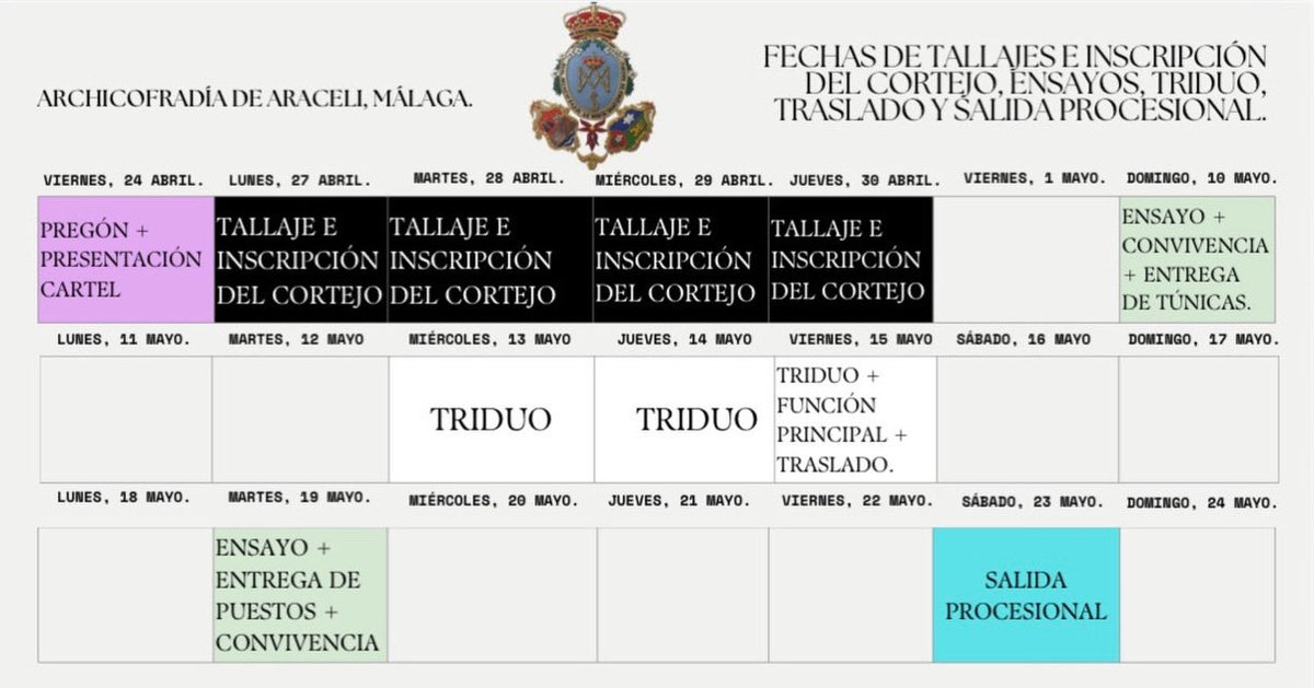 archiaraceli_'s tweet photo. Información y fechas de tallajes, inscripción del cortejo, ensayos, triduo, traslado y salida procesional. 

Enlace preinscripción: 

https://t.co/xLrPVTtD0X https://t.co/0rMhHvw7Zl