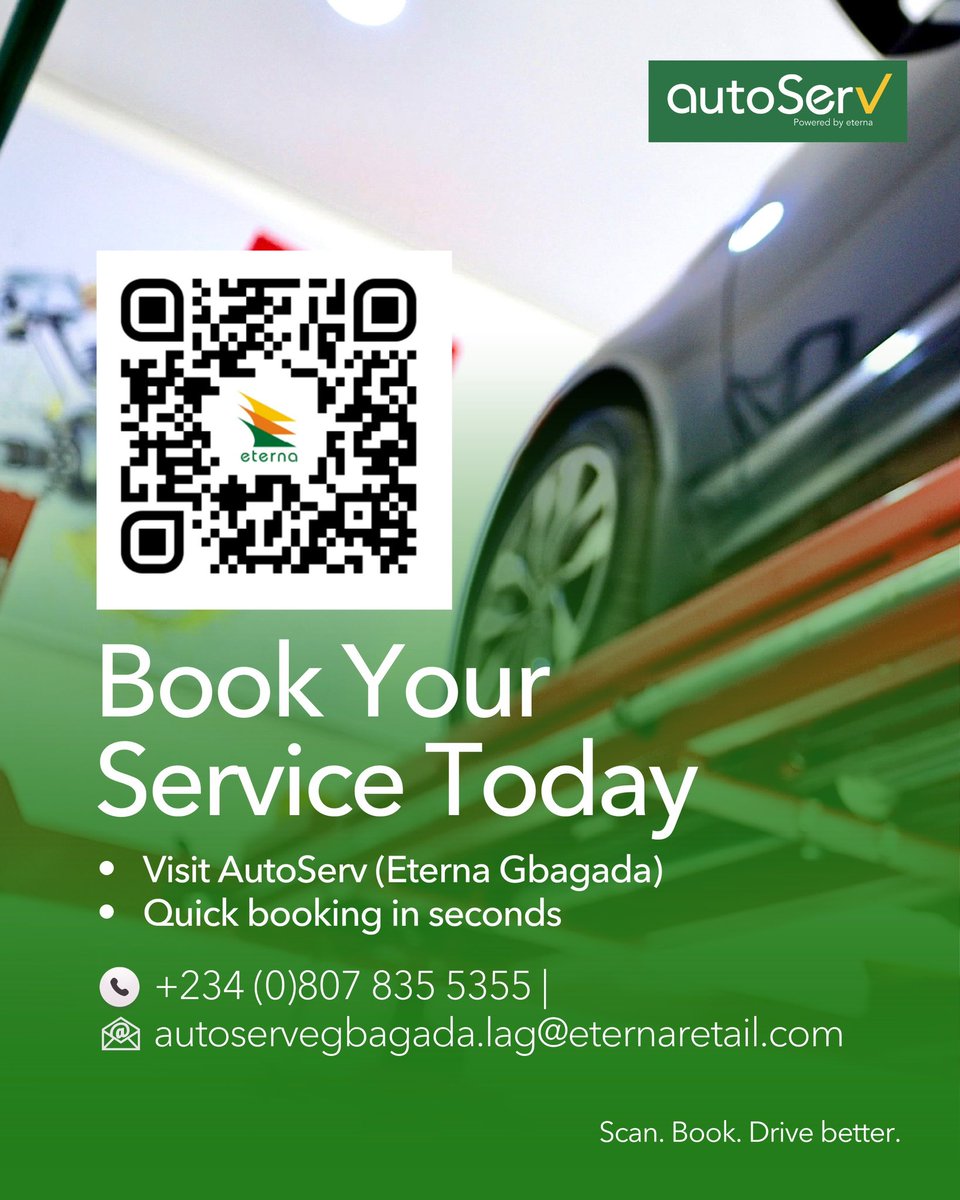 eternaplc's tweet image. At AutoServ, we don’t just service cars, we take care of them the right way.

Clean environment. Expert hands. Quality lubricants.

Because when your car runs better, everything else does too.
- Visit us at Gbagada - Book your service in seconds

#EternaPlc #AutoServ #CarCare