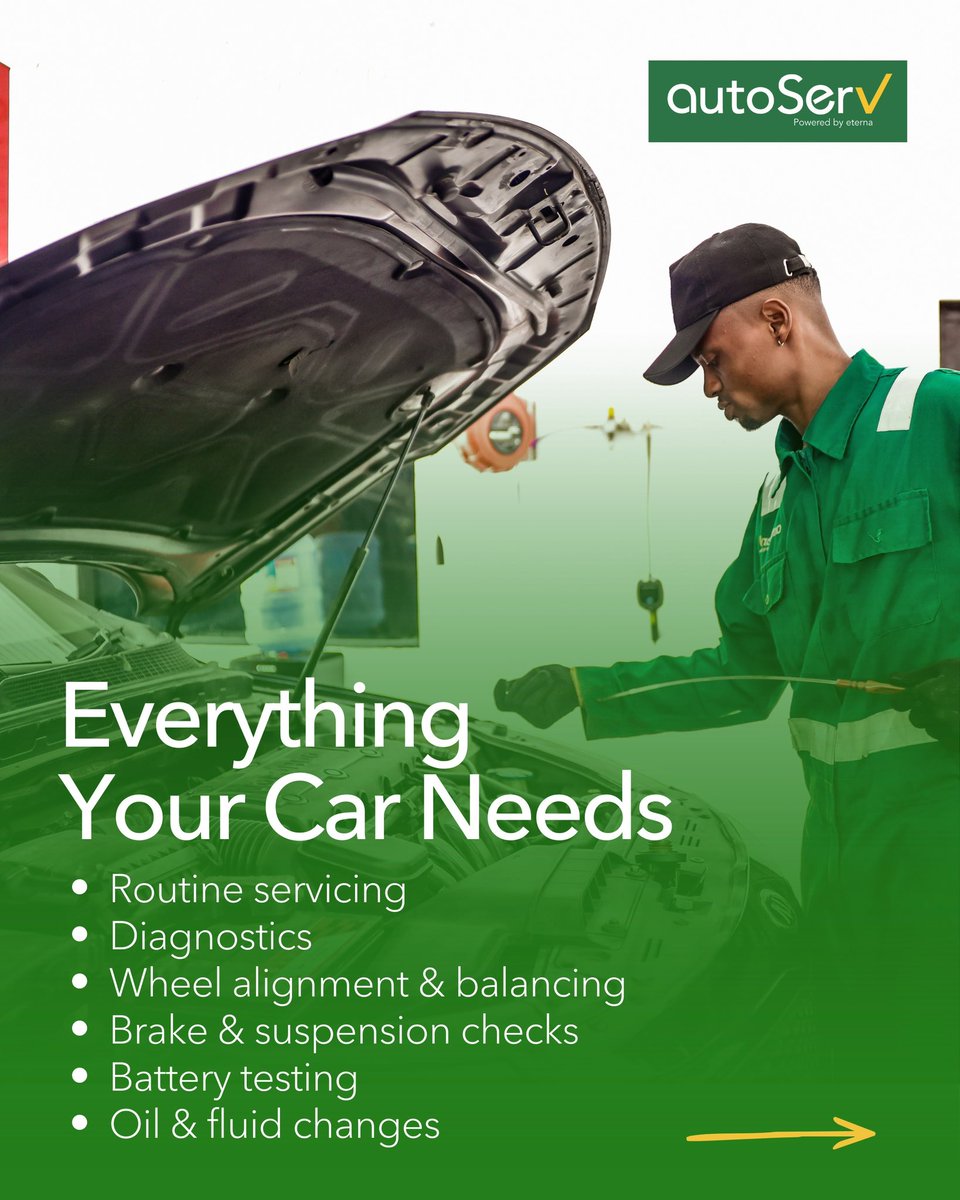 eternaplc's tweet image. At AutoServ, we don’t just service cars, we take care of them the right way.

Clean environment. Expert hands. Quality lubricants.

Because when your car runs better, everything else does too.
- Visit us at Gbagada - Book your service in seconds

#EternaPlc #AutoServ #CarCare