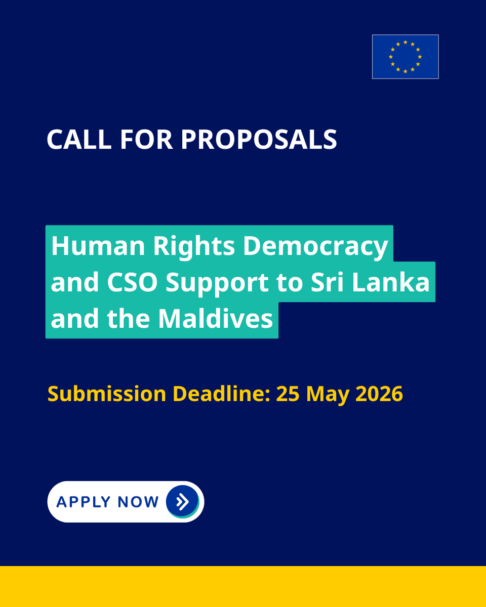 EU_in_Sri_Lanka's tweet photo. 📢 Call for Proposals 

@EU_Commission invites CSOs to apply under the NDICI – Global Europe Thematic Programmes (2025–2027) for #SriLanka &amp; the #Maldives.

- Human Rights &amp; Democracy
- Civil Society Programme

🔗 Apply: https://t.co/X1Be7TrWOe https://t.co/wA4bBjLWSi