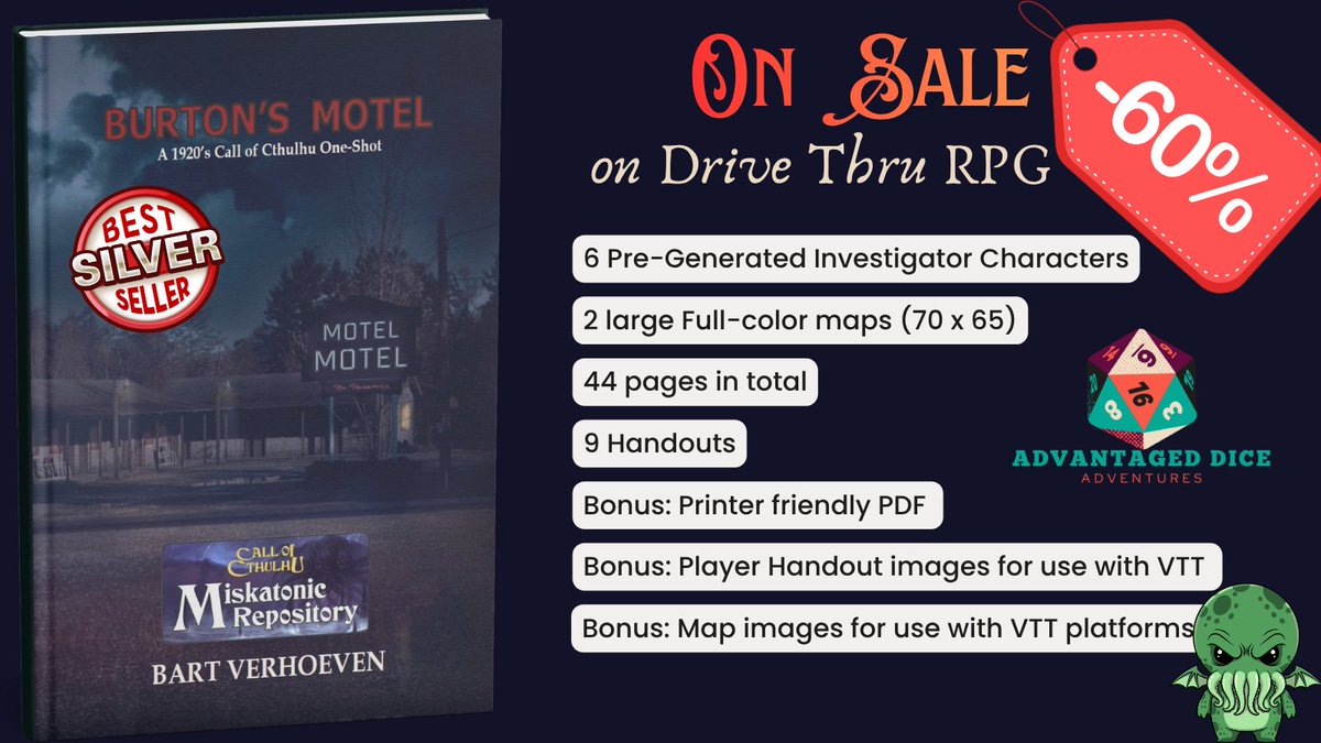 Advantaged_Dice's tweet photo. If you haven't had the chance to buy the Silver Bestseller scenario Burton’s Motel yet, now might be the moment.
 This 1923's Call of Cthulhu scenario is on sale at 60% off until the end of the month via this link: https://t.co/VW1eQdACdo
#CallofCthulhu #ttrpgcommunity #ttrpg https://t.co/H0qpKlBToA