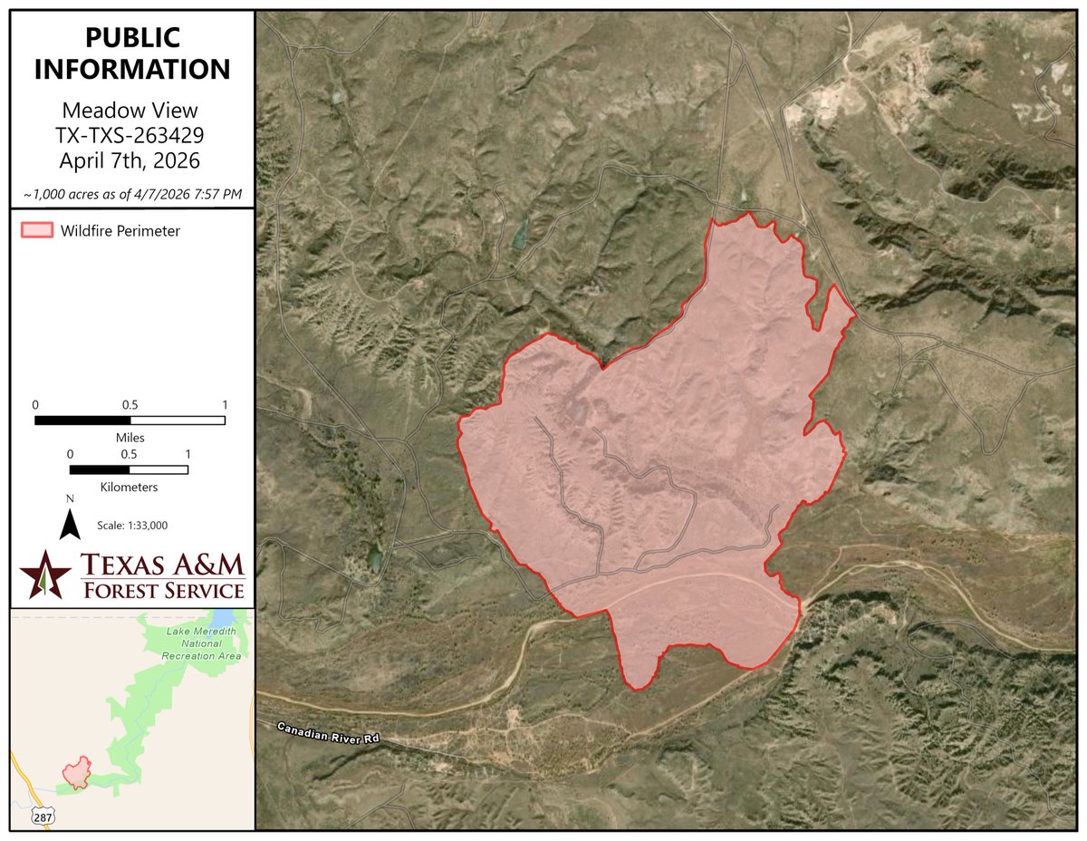 AllHazardsTFS's tweet image. Update: the #MeadowViewFire in Potter County is an estimated 1,000 acres and 80% contained. The fire is being held inside containment lines. Crews engaged in mop up and patrol operations last night. #txfire