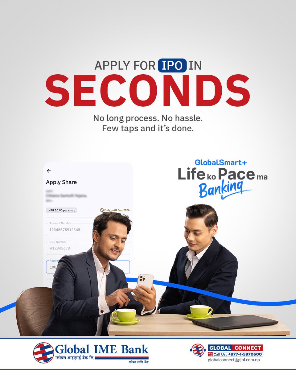 globalimebank's tweet photo. Apply for IPOs in seconds with GlobalSmart+ -just a few taps, and you’re back on track.

No lines. No hassle. Just momentum.

GlobalSmart+
Life ko Pace ma Banking
Download now: https://t.co/f0bYjRUW2A

#GlobalIMEBank #TheBankForAll #GlobalSmartPlus #LifeKoPaceMaBanking #IPO https://t.co/rbMrg8Q2bC