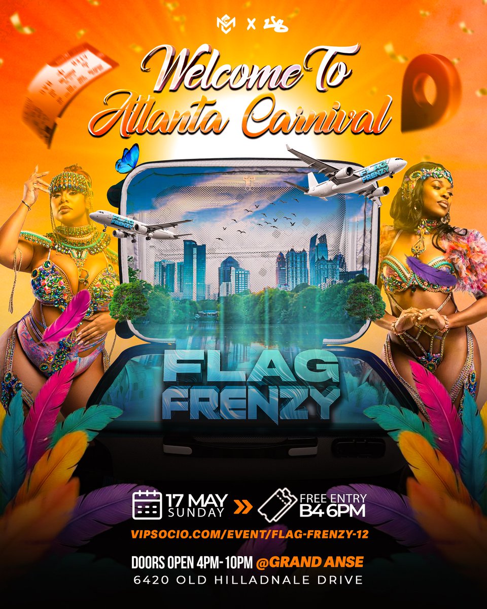 🍑 FLAG FRENZY - WELCOME TO ATLANTA CARNIVAL 🍑 

🗓️ Sunday May 17th 2026  
⏰ 4pm-10pm 
📍 Grand Anse: 6420 Old Hillandale Drive 
 
👀 EVERYONE IS FREE BEFORE 6PM WITH RSVPS + FLAG! 
💵 ENTRY IS $20 AT THE DOOR AFTER 6PM! 
🎟️ RSVP: vipsocio.com/event/flag-fre…

#FlagFrenzy #Atlanta