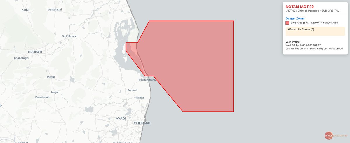 ispaceflight_in's tweet image. A revised NOTAM designated A1213/26 has been issued, replacing the previous alert (A1156/26) for the Integrated Air Drop Test (IADT-02). The updated enforcement window is now 05:30-10:30 IST (0000-0500 UTC) from 08 April to 15 April 2026. #ISRO #IADT02 #NOTAM

Mapped: