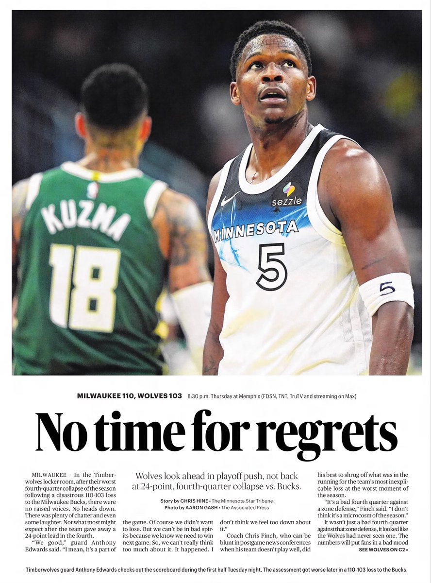 WHENESOTA's tweet image. Also #OTD in #Minnesota Sports History (2025) The Timberwolves blow a 24 pt 4th quarter lead to the Bucks in a 110-103 loss at Milwaukee.
newspapers.com/article/star-t…