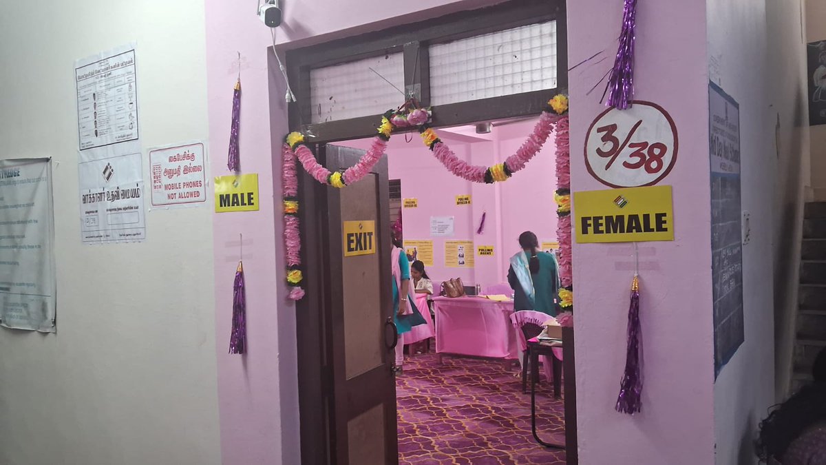 CollectorDeoPdy's tweet photo. Polling officials at the Model and Pink Polling Booth of 03-Oussudu Constituency 3/38 - Jancy Rani Govt. Primary School, Kurumbapet, Puducherry of RO-II on 08.04.2026.
#GEPLA2026 #ElectionDuty #PinkBooth #WomenEmpowerment #AllWomenBooth https://t.co/UKqfgg9YWa