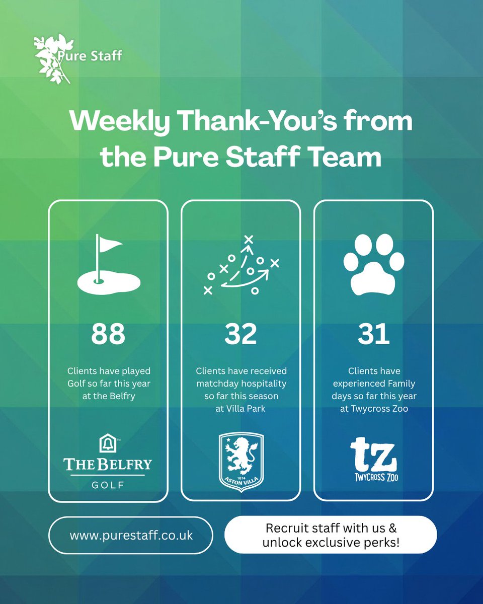 Thank you to our clients! We love rewarding you with Belfry golf &amp; Villa Park hospitality

Why choose Pure Staff?
✅ In-house PAYE
✅ No umbrellas
✅ Full compliance

For risk-free recruitment &amp; great perks, contact kirsty.cooper@purestaff.co.uk

#PureStaff #Recruitment #ThankYou
