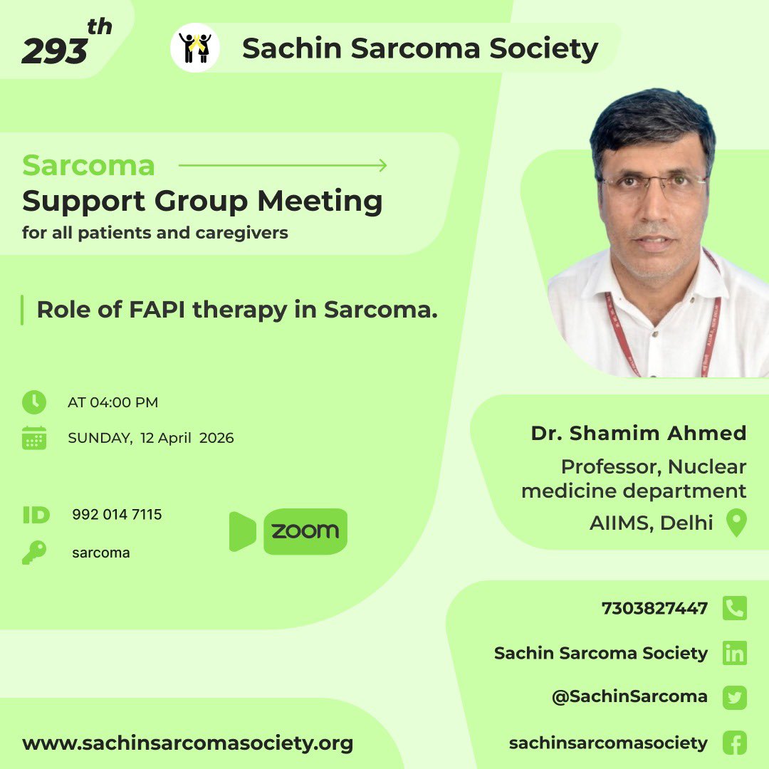 SachinSarcoma's tweet photo. Organising 293 th #sarcoma #supportgroup meeting on this Sunday where Dr Shamim Ahmed, Professor  #AIIMS, Nuclear medicine department would give educational talk on Role of #FAPI in sarcoma. 
#awareness #education #companionship https://t.co/OJ1DOESskl