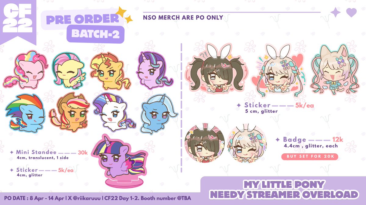 riikaruuu's tweet image. [♡ &amp;amp; ↻ are appreciated!] (1/2)
Rei's CF22 PO batch-2 are open!!
————— ʚ ✦ ɞ —————
🗓 8 Apr - 13 Apr
📦 Pick up: 2 days / mail
🪻MLP / NSO / HSR / ZZZ / Enstars
🔗 Form &amp;amp; 🎁 GA rules below!!⬇️✨
————— ʚ ✦ ɞ —————
#cf22catalogue #comifuro22 #comifuro22catalogue