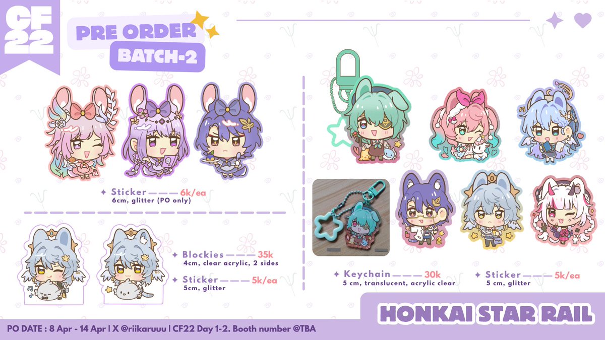 riikaruuu's tweet image. [♡ &amp;amp; ↻ are appreciated!] (1/2)
Rei's CF22 PO batch-2 are open!!
————— ʚ ✦ ɞ —————
🗓 8 Apr - 13 Apr
📦 Pick up: 2 days / mail
🪻MLP / NSO / HSR / ZZZ / Enstars
🔗 Form &amp;amp; 🎁 GA rules below!!⬇️✨
————— ʚ ✦ ɞ —————
#cf22catalogue #comifuro22 #comifuro22catalogue