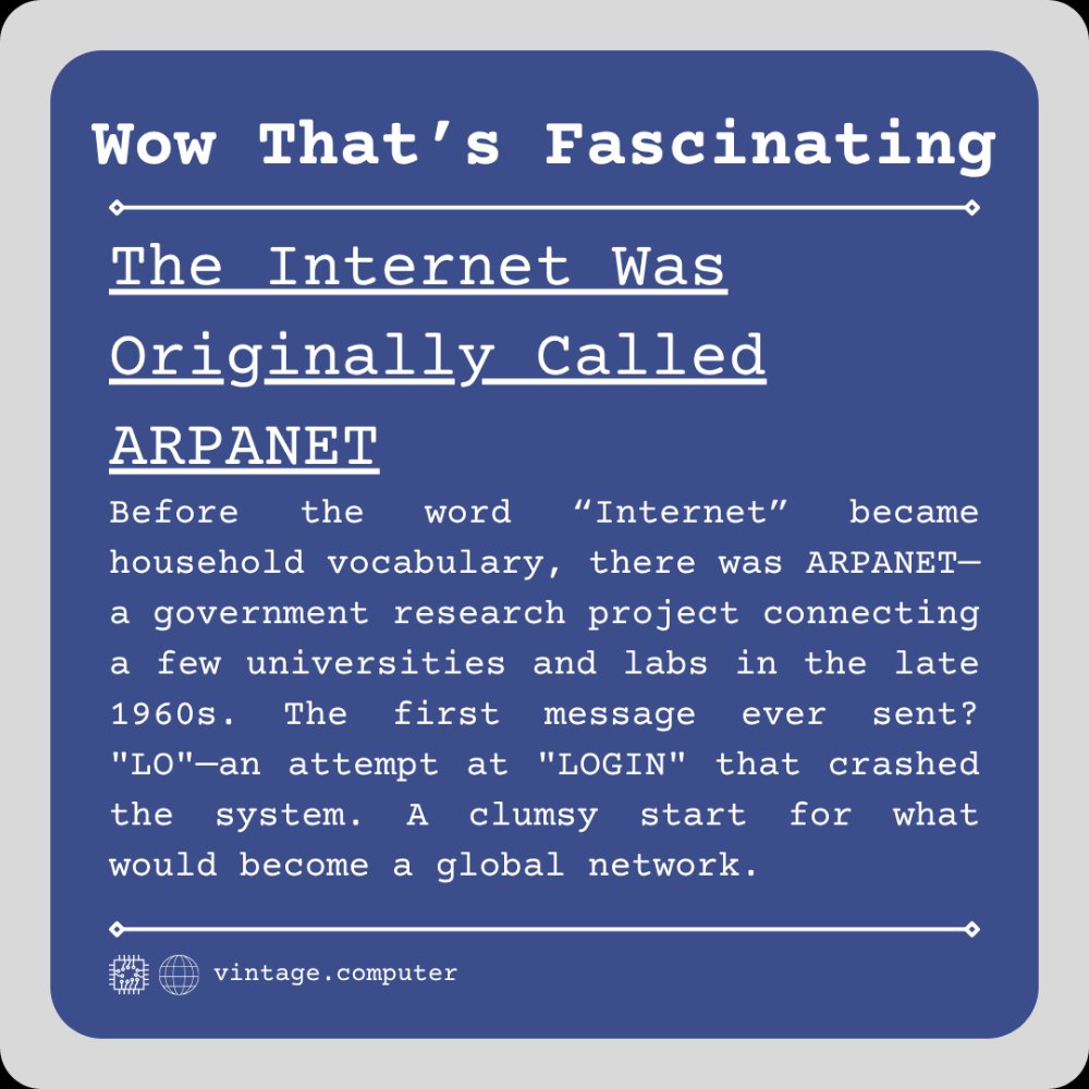 realvintagecomp's tweet image. Before the Internet, there was ARPANET. The first message ever sent? “LO”: a failed attempt at “LOGIN” that crashed the system. A humble (and buggy) beginning for the network that now connects the world. #ARPANET #VintageComputer #VintageComputing